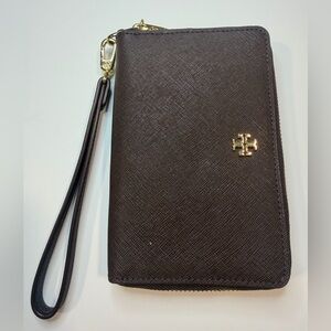 Tory Burch Dark walnut Wristlet with Gold Logo